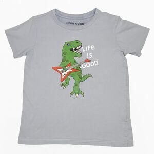 Life is Good Kids Large T-Shirt Dinosaur Playing Guitar Graphic Tee Gray